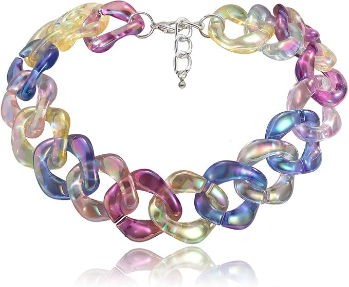 Xerling Colorful Rainbow Acrylic Link Chain Necklace Punk Chunky Boho Iridescent Necklace for Women Teen Girls Multi-Colored Curb Chain Choker for Party Modern Necklace