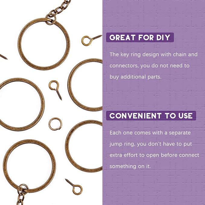 Swpeet 300Pcs 7/5 Inch 35mm Bronze Flat Key Chain Rings Kit, Including 100Pcs Split Keychain Rings with Chain and 100Pcs Jump Ring with 100Pcs Screw Eye Pins Bulk for Jewelry Findings Making