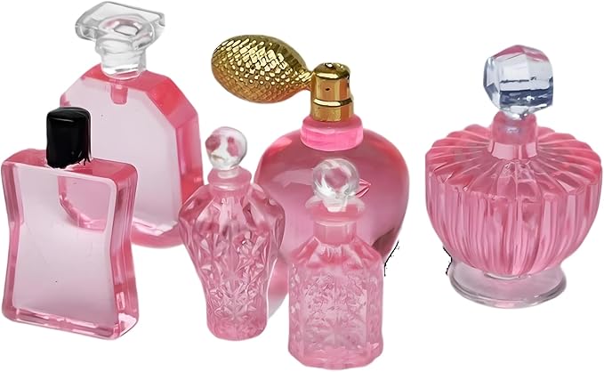 6-Piece Miniature Cosmetic Set – 1:12 Scale Realistic Pink Perfume Bottles for Dollhouse Bathroom, Vanity, Beauty & Spa Theme, DIY Micro Scene, Fairy Garden, Craft Display & Collector Decoration（ B ）