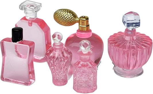 6-Piece Miniature Cosmetic Set – 1:12 Scale Realistic Pink Perfume Bottles for Dollhouse Bathroom, Vanity, Beauty & Spa Theme, DIY Micro Scene, Fairy Garden, Craft Display & Collector Decoration（ B ）