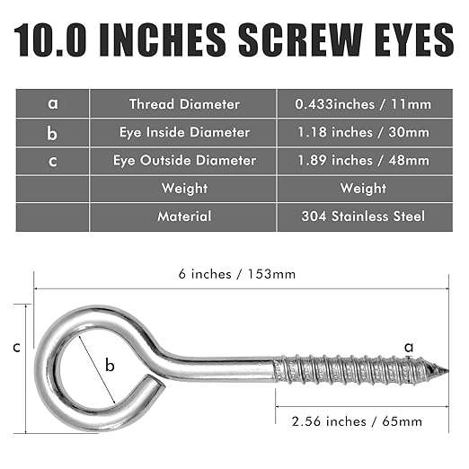 20PCS 6 inches Screw Eyes M10 304 Stainless Steel Eye Screws, Heavy Duty Screw, Eye Hooks Screw Eye Bolts Eye Hooks Screw, Indoor & Outdoor Uses (20, M10-6inch)