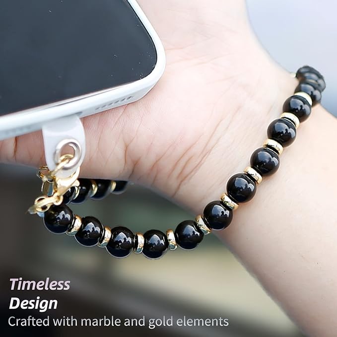 Marble Beaded Phone Wrist Strap,Detachable Phone Bracelet Strap with Tether Tab,Hands-Free Wristlet Strap (Obsidian-Black)