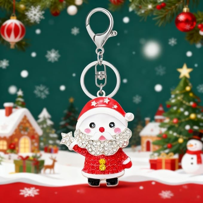Dreuyet Christmas Keychain Rhinestone Crystal Christmas Tree Santa Purse Bag Handbags Charms for Women Lady Friends