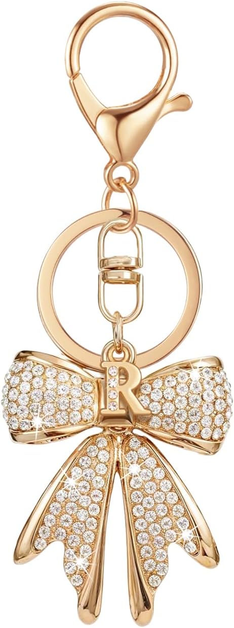 XGALBLA Sparkly Cute Initial Letter Rhinestone Bow Keychain for Women Gold Tone Bag Charms Coquette Aesthetic Purse Charms