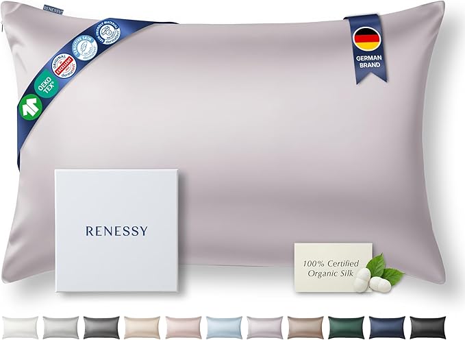 RENESSY Premium Silk Pillowcase 100% Organic Mulberry Silk, 22 Momme, Grade 6A - Oeko-Tex Certified in Germany - Luxury for Hair & Skin, 1 Piece (Standard Size 20x26 Inches, Pale Lavender)