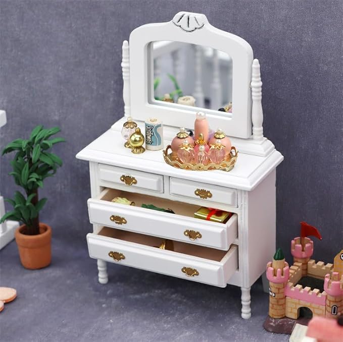 Dollhouse Makeup Vanity with Mirror & Perfume Tray 1/12 Miniature Dressing Table for Dollhouse Bedroom Furniture Decoration