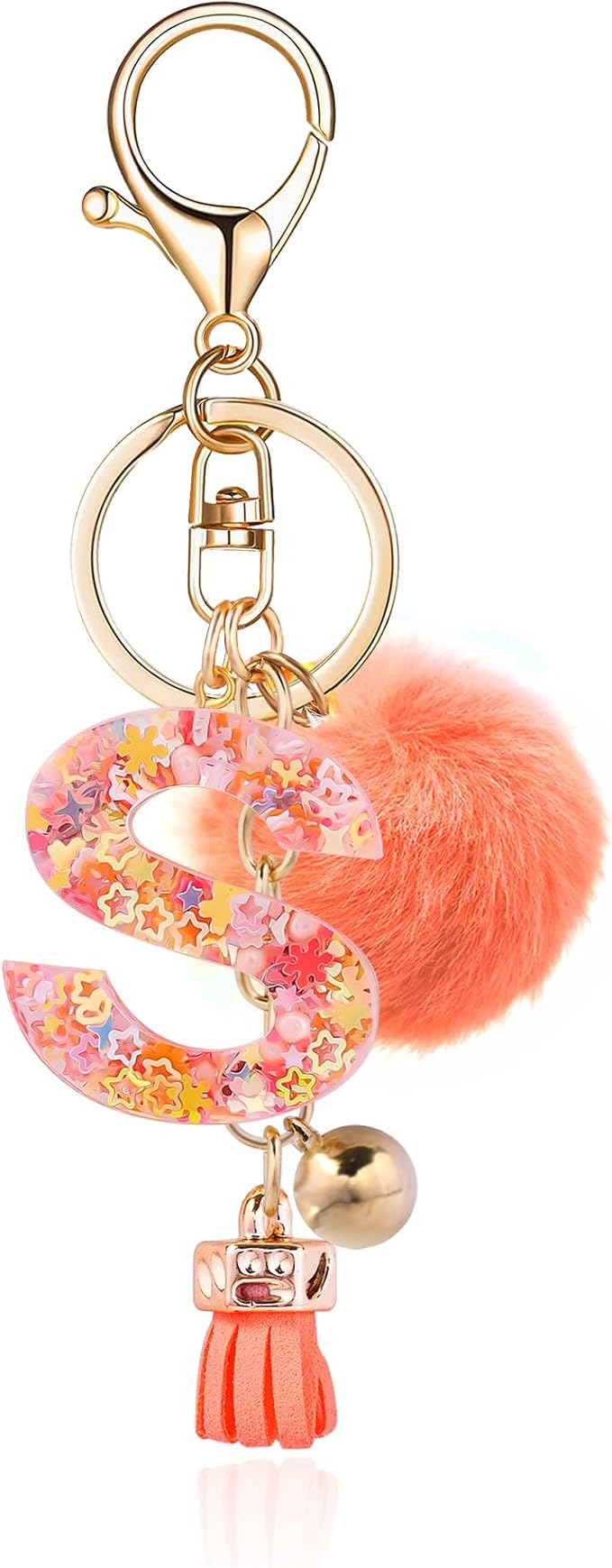 Resin Alphabet Initial Letter Keychain Keyring for Women Purse Handbags With Fur Ball Pom