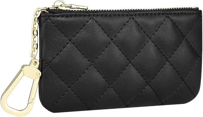 Premium Genuine Full Grain Leather Mini Coin Purse Keychain Pouch Card Holder for Men Women (Black Quilted - LG)