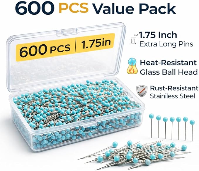 Sewing Pins for Fabric,Sewing Pins with Heads,Quilting Pins Long, Straight Pins Sewing, Glass Head Sewing Pin, 1.75 Inch Blue Glass Head Straight Pins, 600 PCS for Quilting, Sewing and Crafts