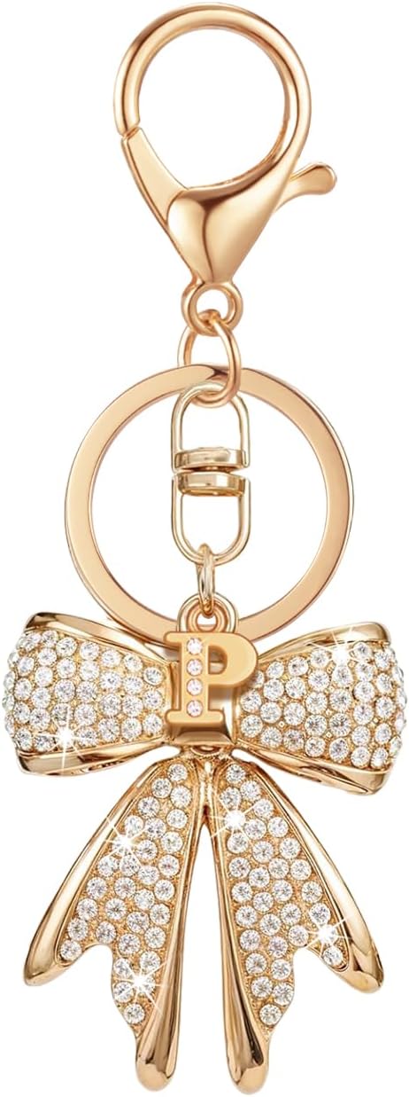 XGALBLA Sparkly Cute Initial Letter Rhinestone Bow Keychain for Women Gold Tone Bag Charms Coquette Aesthetic Purse Charms