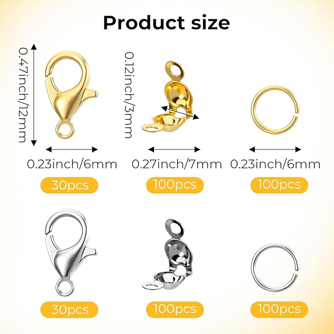 Gold Silver Jewelry Making, 460PCS Zinc Alloy Jump Rings, Lobster Claw Clasps, Bead Tips Knot Covers for Bracelets, Necklaces, Earrings, Keychains, DIY Crafting
