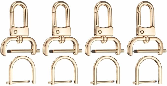 HARFINGTON 4pcs Detachable Snap Hook Swivel Clasp 1" (25mm) Zinc Alloy Lobster Claw Clasp with 4pcs D-Rings Screw in Shackle for Keychain Lanyard Purse DIY Purse Strap, Light Gold