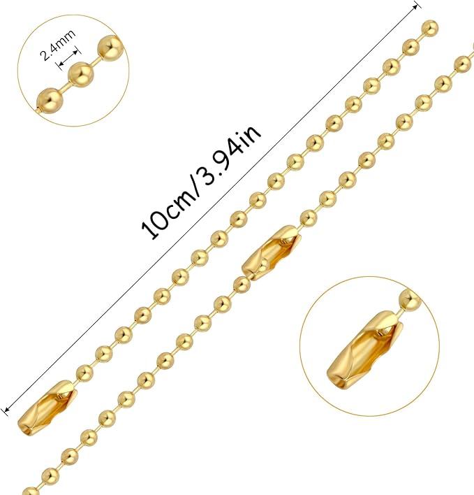 Lemonkey 100Pcs Ball Beads Chain Bulk, Gold Keychain Rings, 4 Inch Dog Tag Metal Small Chain With Connectors for Hanging Decoration
