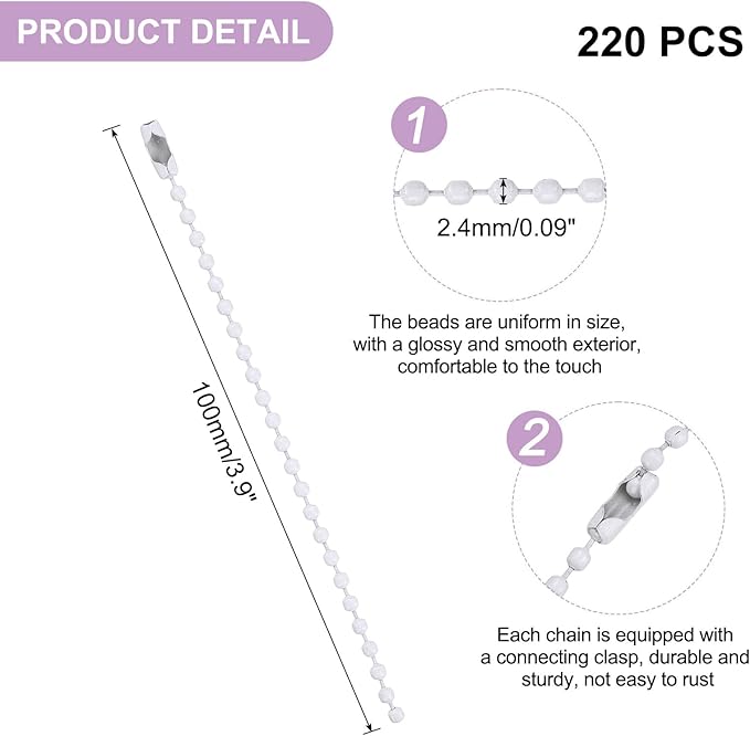 uxcell 220pcs Metal Ball Bead Chain, 100mm Long Bead Connector Clasp Dog Tag Hanging Chain for Key Chains Tags Craft Projects Jewelry Making, White