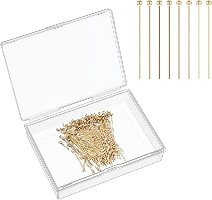 100 Pcs Gold Plated Ball Head Pins 25mm Brass Wire Needle 22 Gauge Stainless Steel End Headpins Jewelry Making Pins for DIY Charm Braceles Earrings Necklaces