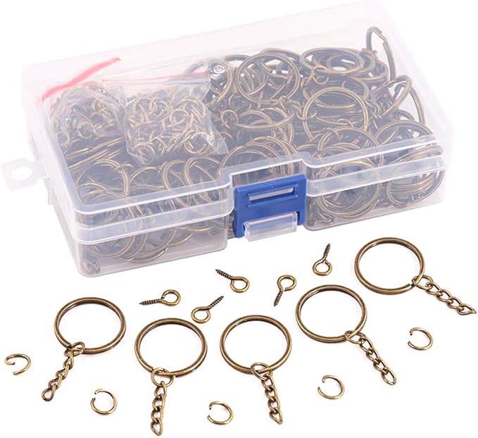 Swpeet 450Pcs 1 Inch 25mm Bronze Flat Key Chain Rings Kit, Including 150Pcs Split Keychain Rings with Chain and 150Pcs Jump Ring with 150Pcs Screw Eye Pins Bulk for Jewelry Findings Making
