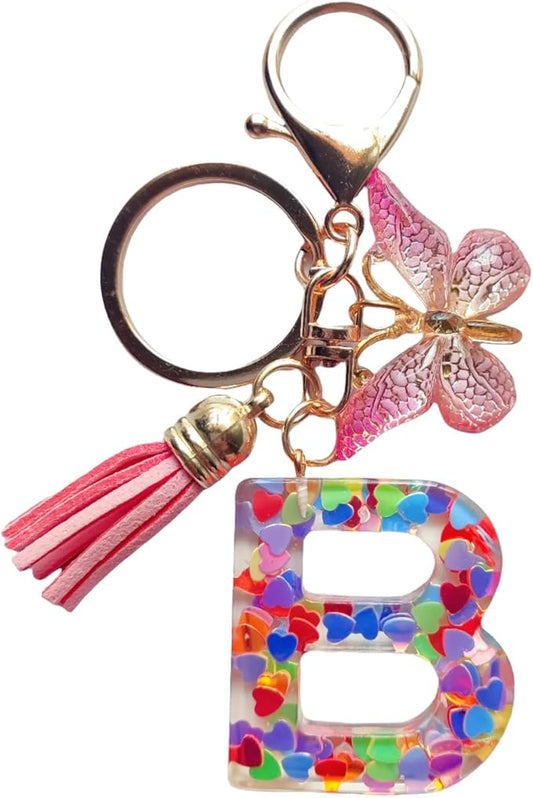 Cute Initial Letter Keychains for Women Girls Tassel Butterfly Pink Purple Green Keychain for Backpack School Bag