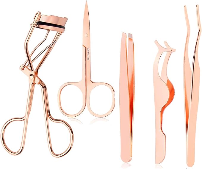 Arroyner 5 Pieces Eyelash Applicator Tool False Eyelashes Applicator Eyebrow Curler Eyebrow Scissors (Rose Golden)