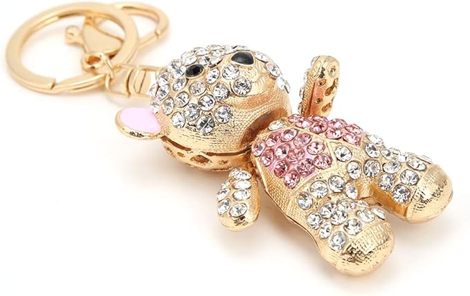 Cute Bear Key Ring Rhinestone, Pink Decorative Cartoon Metal Key Chain Lovely for Student Backpack Women Birthday Gift