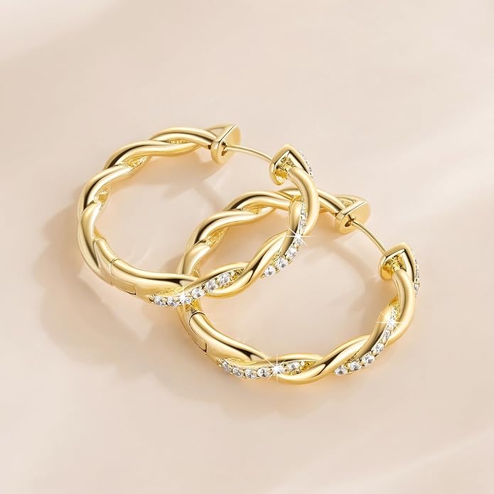 ENROSE Gold Plated Hoop Earrings 14K Gold Plated Earring for Women Twisted Large Hoop Earrings Minimalist Diamond Earring Jewelry 29mm*4mm