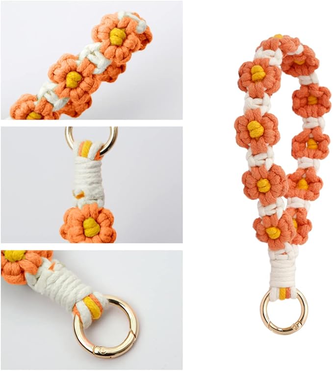 Boho Keychain Handmade Keychain Wristlet Key Chain Wrist Lanyard for Keys Cute daisy keychain for Women