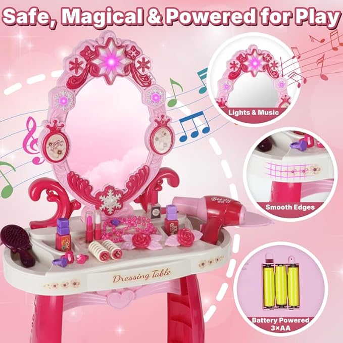 Toddler Vanity Set with Mirror, Lights & Music – Pink Princess Makeup Table with Stool, Pretend Play Beauty Salon Toy with Hair Dryer & Accessories for Little Girls Ages 3–5 Dress Up Gift (Pink)