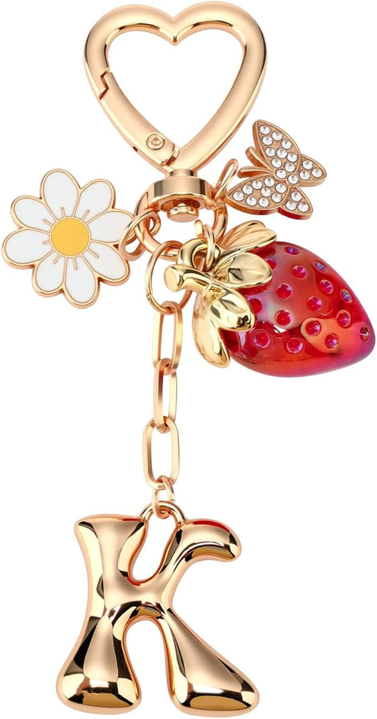 Strawberry Initial Keychain for Women-Cute Kawaii Gold Alphabet Bag Charms, Key chain Gift for Purse Handbag