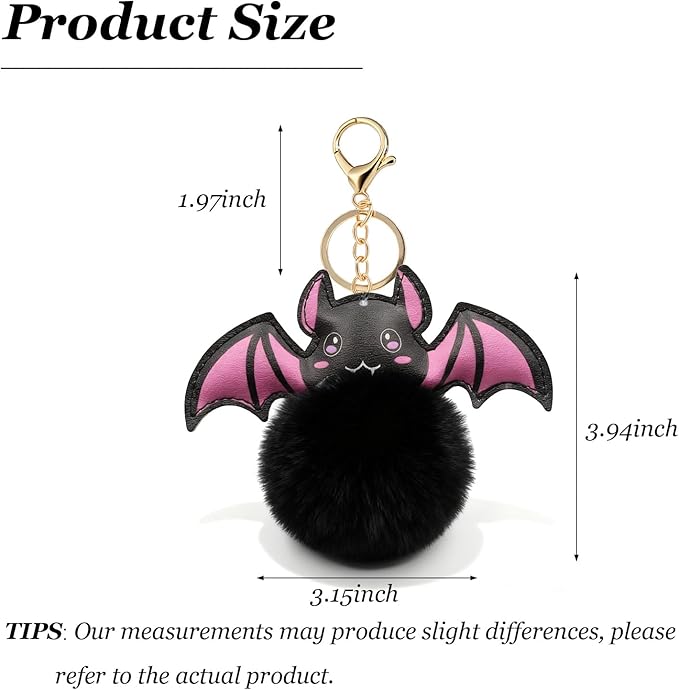 Cute Pom Pom Keychain Plush Leather Bat Keychain Halloween Bag Charms Purse Charms for Handbags Gifts for Women