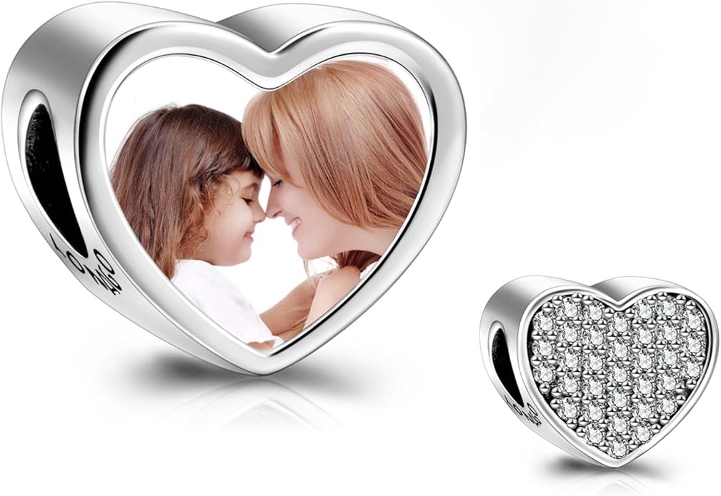LONAGO 925 Sterling Silver Personalized Photo Charm Fit Compatible for Bracelet Necklace Customized Heart Round Shape Picture Bead