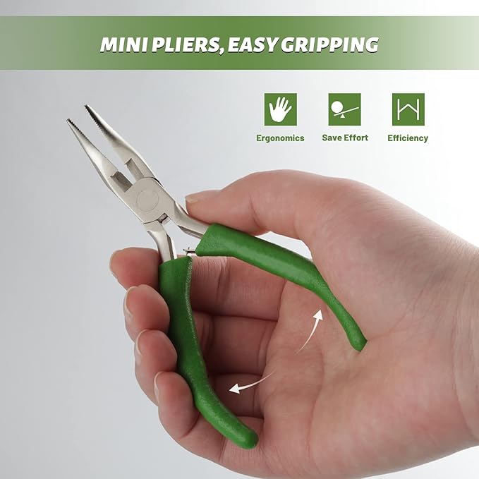 SPEEDWOX Mini Curved Nose Pliers with Serrated Jaw and Chain Cutter - 5 Inch Long Nose Pliers for Crafts, Jewelry Repair & Wire Jewelry Making