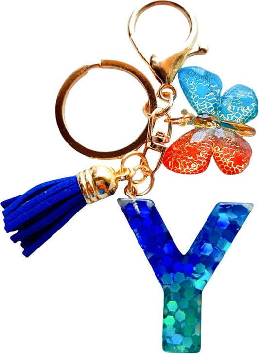 Cute Initial Letter Keychains for Women Girls Tassel Butterfly Pink Purple Green Keychain for Backpack School Bag