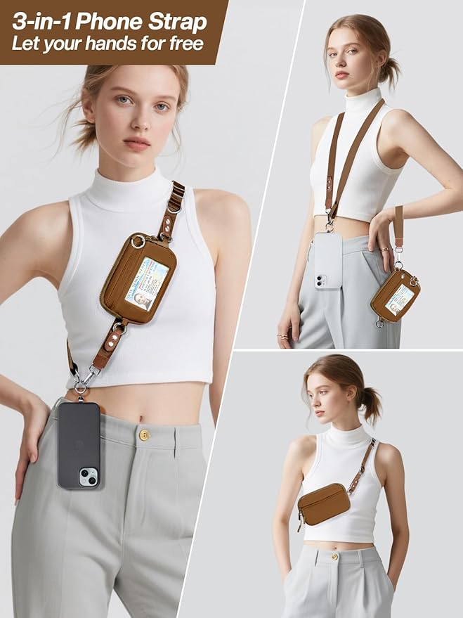 Clip and Go Strap for Phone with Wallet Crossbody Phone Lanyard Adjustable and Detachable RFID Wristlet Wallet with ID Window and Zipper, Brown