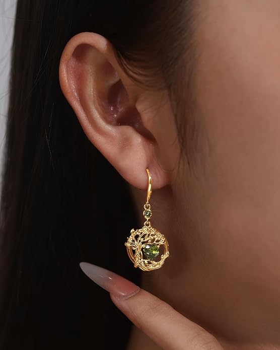 FANCIME Tree of Life Dangle Drop Earrings 925 Sterling Silver Dainty Round Gemstone Birthstone Earring Fine Jewelry Birthday Christmas Gifts for Her Women