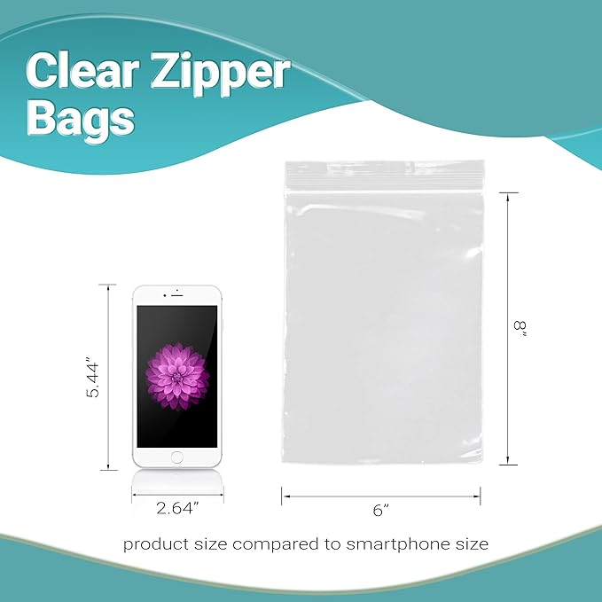 APQ Clear Plastic Reclosable Zipper Bags, 6 x 8 Inches. Pack of 1000 Reclosable Plastic Bags with Zipper Closure. 2 Mil Plastic Jewelry Bags. Waterproof Reclosable Zip Bags for Industrial Use