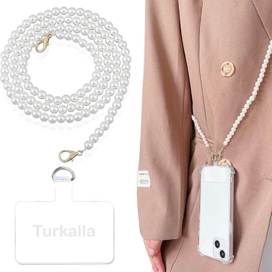 Phone Chain Crossbody Pearl Strap, Pearl Beaded Chain Shoulder Crossbody Lanyard with Phone Tether Patches Compatible with Most Phones Bag Purse