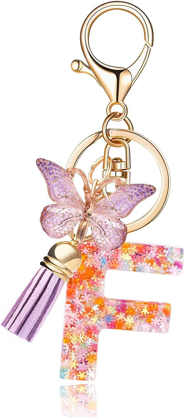 Fashion Alphabet Initial Letter Keychain Tassel Butterfly Pendant Key Ring for Purse Handbags Women Girl