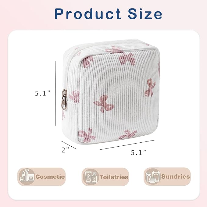uekeboag Cute Small Corduroy Zipper Makeup Bag, Mini Coquette Aesthetic Pouch with Bow Pattern for for Purse,Key Pocket Lipstick Bag Card Holder Data Cable Organizer for Women Girls (08WhitePink Bow)