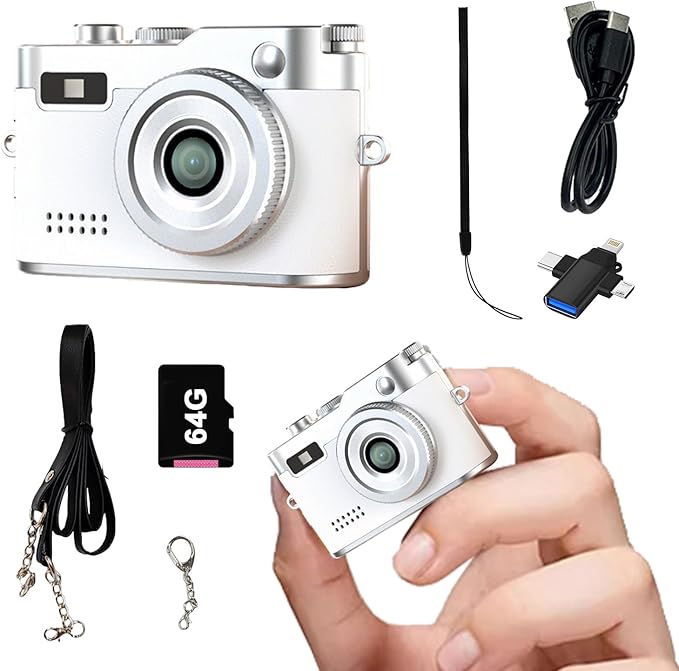 Keychain Retro Camera，Mini Micro Digital Tiny Digital Photo Camera，1080P FHD Tiny Portable Small Cameras Pocket Video Recorder，for Travel Study Recording (White-64G)