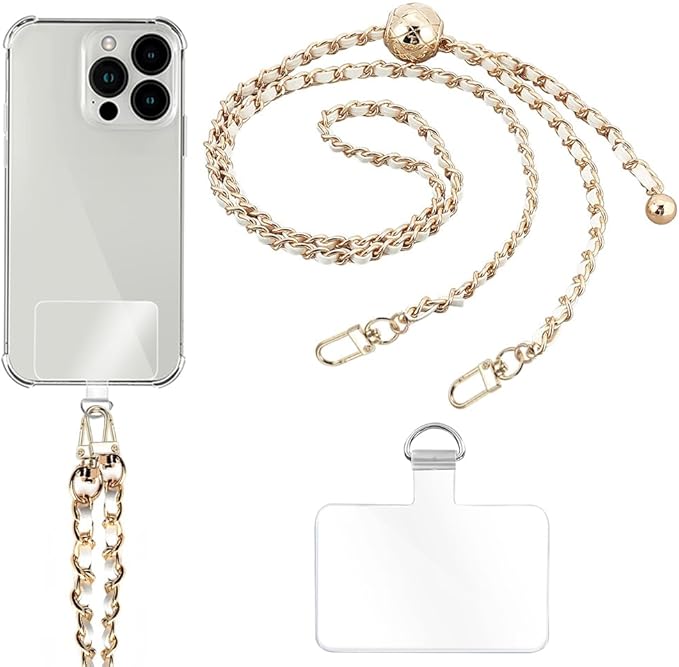 Phone Crossbody Chain Cell Phone Lanyard,Universal Leather+Metal Shouder Strap with Phone Tether Patches (H)