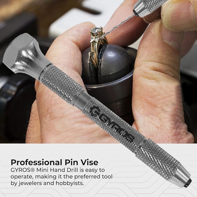 GYROS Swivel Head Pin Vise Hand Drill, 0"(0mm) to 1/8"(3.175mm) w/Anti-Slip Nickel Plated Steel Body & 2 Reversible Collets, Small Hand Drill for Precision Drilling of Jewelry, Plastic, & Wood