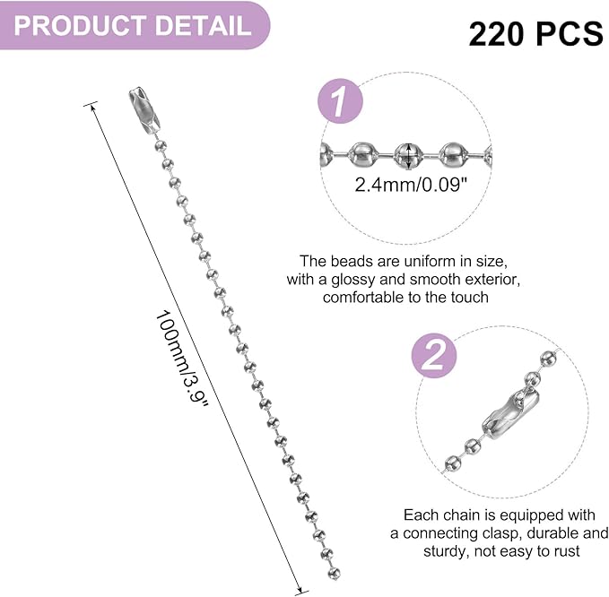 uxcell 220pcs Metal Ball Bead Chain, 100mm Long Bead Connector Clasp Dog Tag Hanging Chain for Key Chains Tags Craft Projects Jewelry Making, Silver