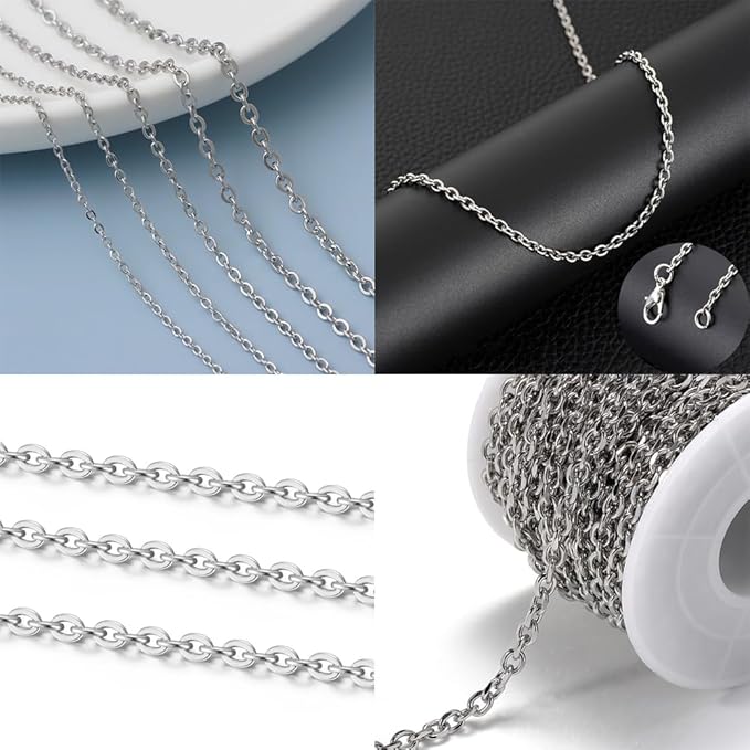55ft Cable Link Chain for Jewelry Making,Stainless Steel O-Shaped Chain with 100 Pcs Jump Rings and Lobster Clasps,Silver Plated Necklace Chains for jewellery DIY Craft Supplies Findings (0.5*2*2.5mm)