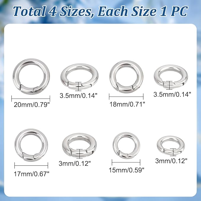 UNICRAFTALE 4pcs 4 Sizes Spring Gate Rings Stainless Steel Key Rings Carabiner Lock Clasps Connector Keychain Ring Round Snap Clasps Metal Spring Gate Rings for Jewelry Making Bag Purse Handbag Strap