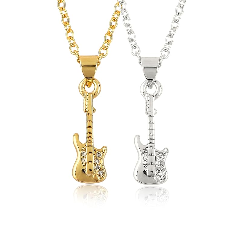 JOR Guitar Charm Pendant Necklace, CZ, Men & Women Unisex Jewelry, Dainty Gold & Silver Plated Combo Chain 18 inch (Pack of 2)
