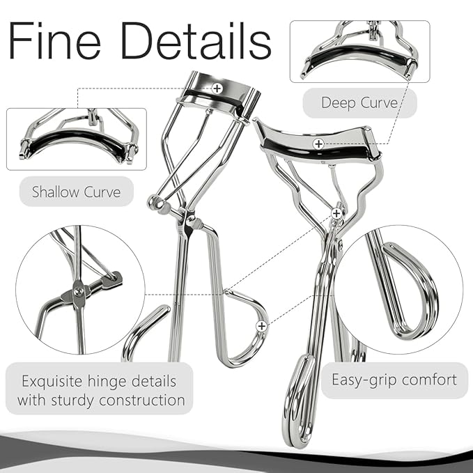 qiipii 2 Kinds of Eyelash Curlers with Different Curvature Suitable for Various Eyes Shapes, Silver Comfort Grip,10 Silicone Replacement Refills Pads for Perfect Framed Lashes - Gentle & Safe Use