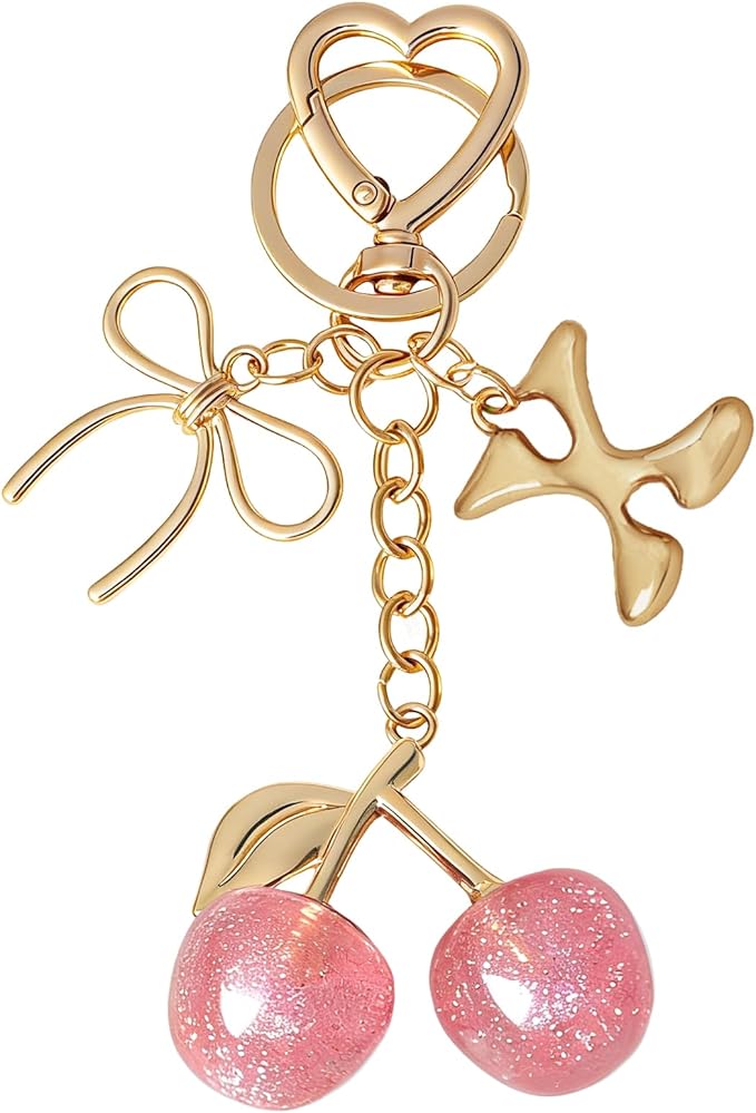Snycler Bubble Initial Keychain with Cherry & Bow - Gold Letter Bag Charms for Women, Cute Purse Handbag Accessories