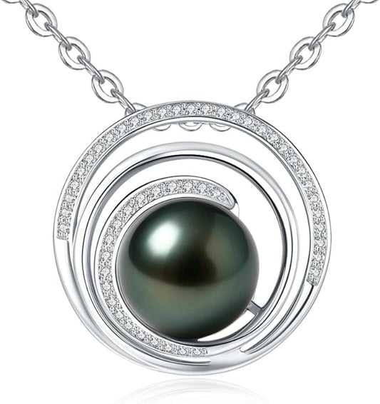 Genuine Tahitian Black Pearl Necklace for Women, 9-13mm AAAA Seawater Pearl - Sterling Silver Moissanite Pendant, Wedding Anniversary, Birthday, Christmas Gift for Wife, Mom, Girlfriend, Fine Jewelry