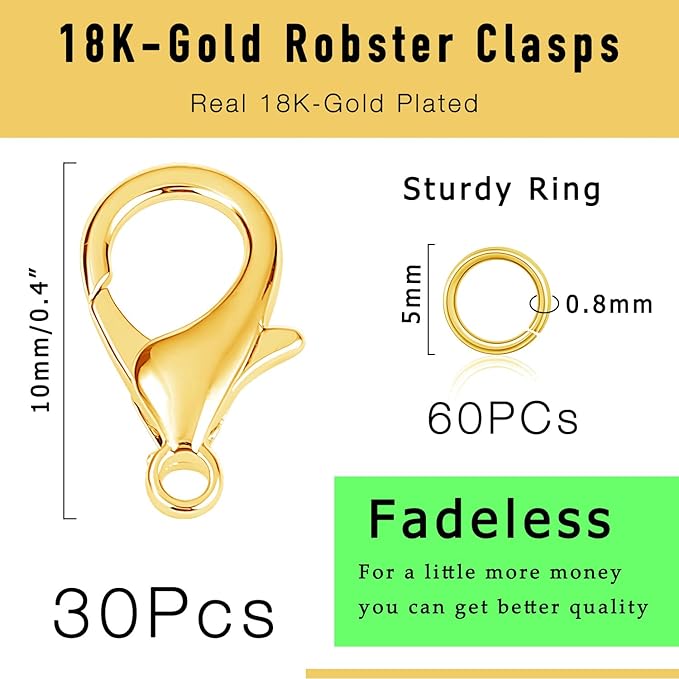 90PCs Fadeless Lobster Claw Clasps (10mm) & Jump Rings for Jewelry Making, Necklace Bracelet Findings & Supplies (18K Gold Plated)