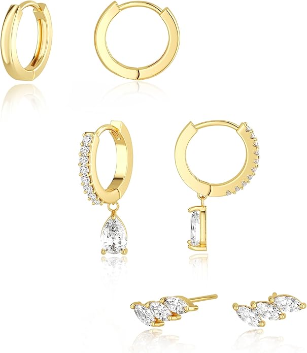 Freekiss 3 Pairs Gold Hoop Earrings Set: Dainty Stud Earrings Trendy Small 14K Gold Plated Hypoallergenic Dangle Cartilage Huggie Hoop Earrings for Women Gold Jewelry for Women Gifts