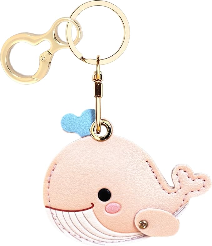 Leather Keychain Holder Case Compatible with AirTag,Cute Protective Cover with Keyring,Anti-Scratch Finder GPS Tracker Case for Wallet Keys,Bag,Pets(Whale Pink)